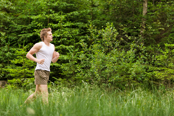 Young man jogging in forest.